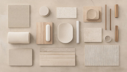 Selection of interior material and finish samples in neutral tones.