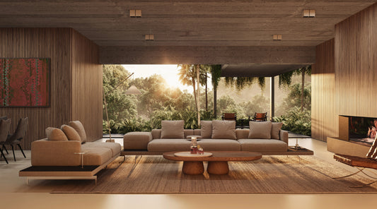 Living room with natural materials, daylight and a strong visual connection to surrounding greenery